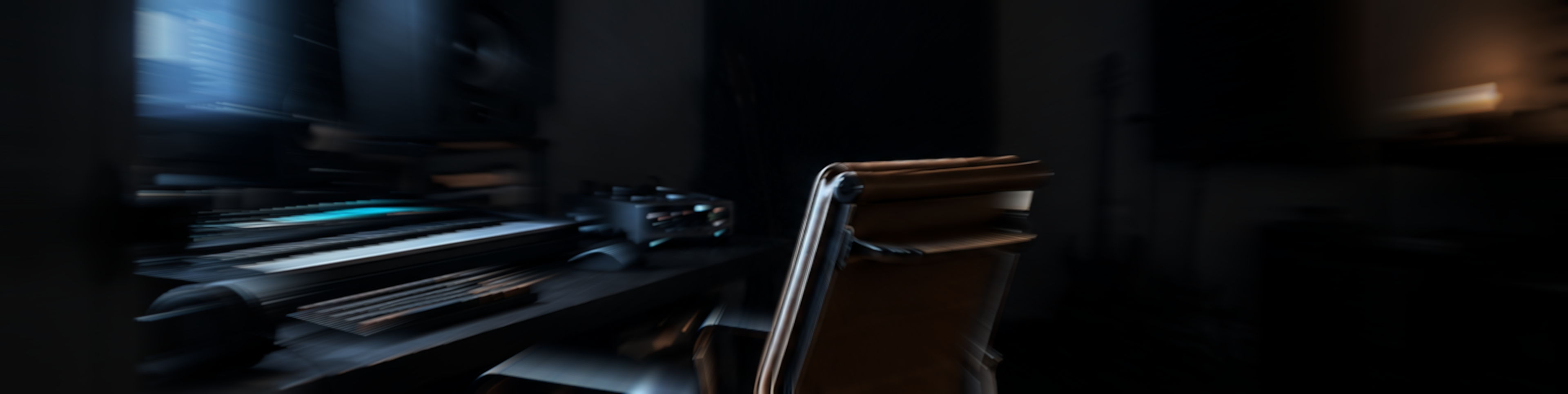 Home studio desk at night in motion blur, lit by the glow of a computer display